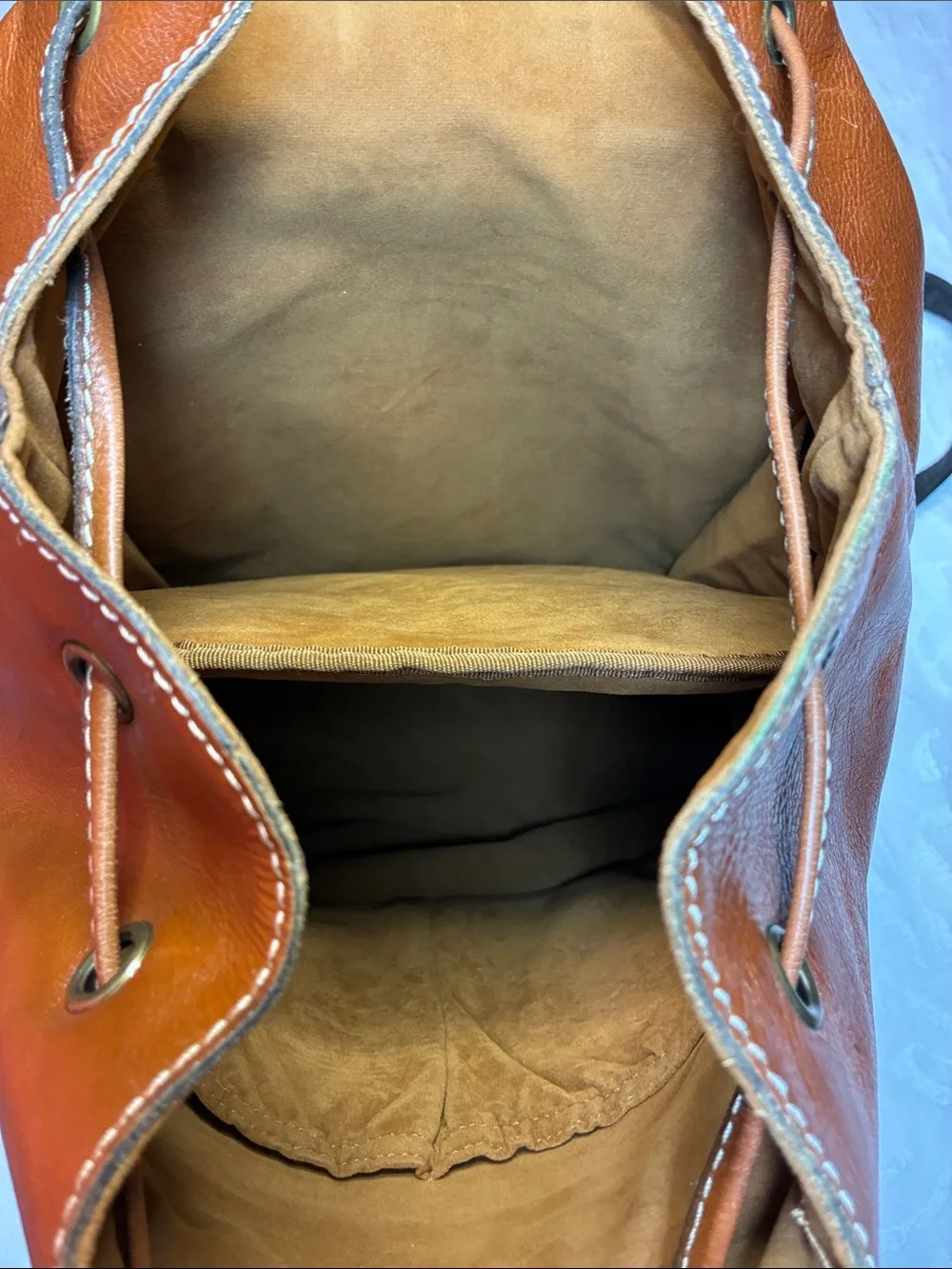 Patricia Nash Cognac Leather Drawstring Backpack with Flap 16inx15in
